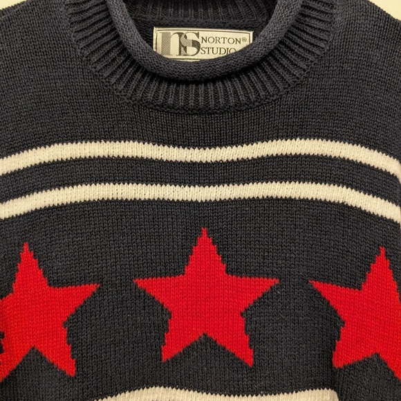 Vintage Red White & Blue Star Striped Knit Turtle Neck Sweater Women L USA - Picture 2 of 10
